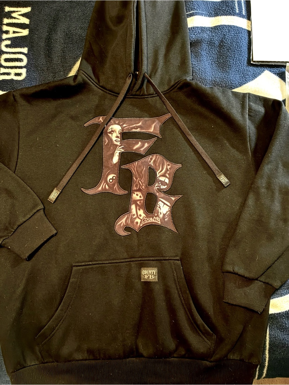 Black Crewneck Hoodie with Embroidered 'FB' Graphic - Men's